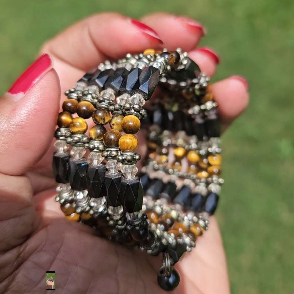 Artisan HEMATITE & TIGER EYE MAGNATIC WRAP Beaded Bracelet Approx 34"